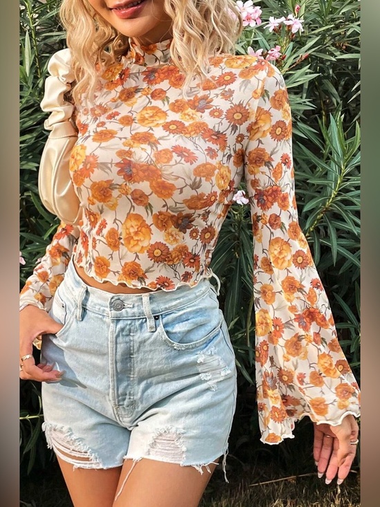 Tops - NEW Medium Orange Sheer Mesh Retro Floral Bell Sleeve Mock Neck Blouse